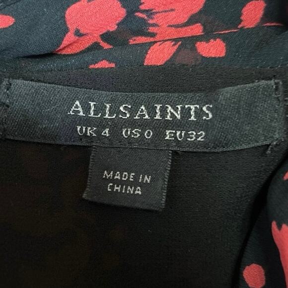 AllSaints Harlow Eira Red Floral Ruched V-Neck Long Sleeve Sheer Mini Dress XS - Picture 7 of 11